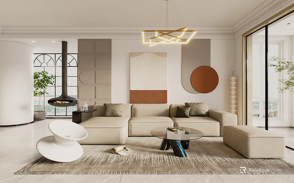 Modern Living Room Interior With Beige Sofa Geometric Chandelier And Decorative Painting 3d model 