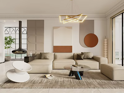 Modern Living Room Interior With Beige Sofa Geometric Chandelier And Decorative Painting 3d model
