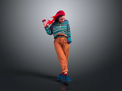 Stylish Outfit With Striped Sweater Orange Pants Red Headscarf Red Shoe On Gray Background 3d model