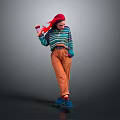Stylish Outfit With Striped Sweater Orange Pants Red Headscarf Red Shoe On Gray Background