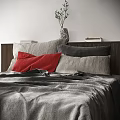 Modern Bedroom Interior With Large Abstract Painting Bed Pillows Curtains And Wooden Floor