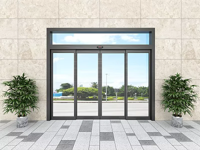 Modern Glass Entrance Door With Black Frame Stone Wall And Green Plants 3d model