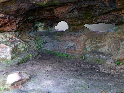 Natural Rock Cave Landscape Featuring Overhead Openings Mossy Ground and Rocky Formations 3d model