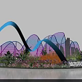 City Flower Expo Landscape With Blooming Flowers Colorful Curved Structures And City Silhouettes
