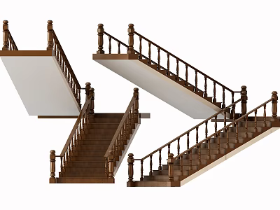 Wooden Staircase Design With Elegant Railings And Brown Steps Structure From Different Angles 3d model