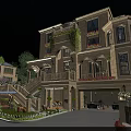 Elegant Detached Villa with Beige Exterior Arched Windows Balconies Green Plants Red Flowers and Garage