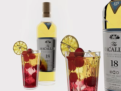 The Macallan 18 Whisky Bottles and Cocktail Glasses with Cherries Lemon Slices and Colorful Drinks 3d model