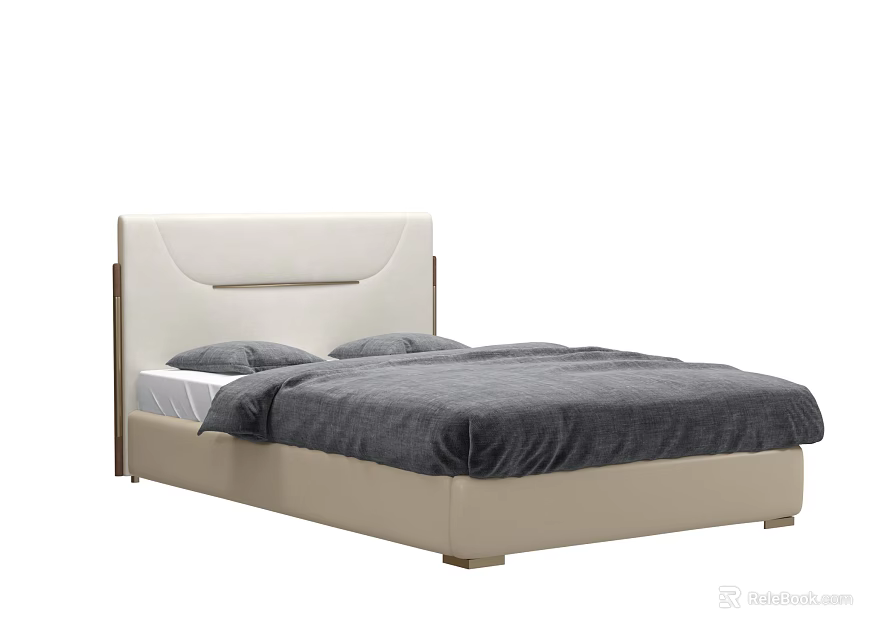 Modern Double Bed With Beige Upholstered Headboard And Gray Bedding 3d model