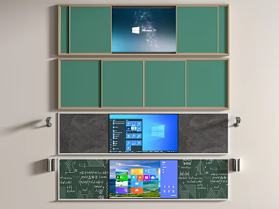 Windows Display Screens With Green Cabinets Gray Panel And Chalkboard Style Interfaces 3d model