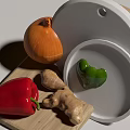 Fresh Vegetables on Wooden Cutting Board with Onion Garlic Red and Green Bell Peppers Ginger