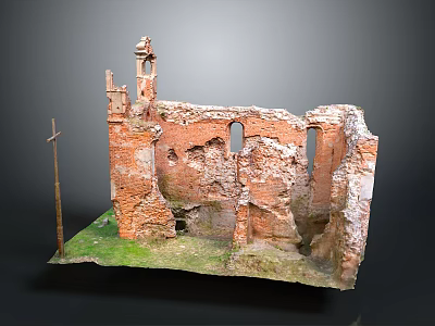 Red Brick Ruins Landscape With Tower Cross And Green Grass Ground 3d model
