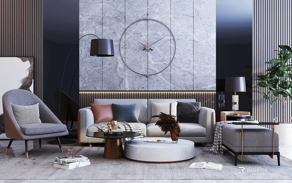 Modern Sofa Coffee Table Set With Marble Wall Clock Decorative Pillows And Floor Lamp 3d model