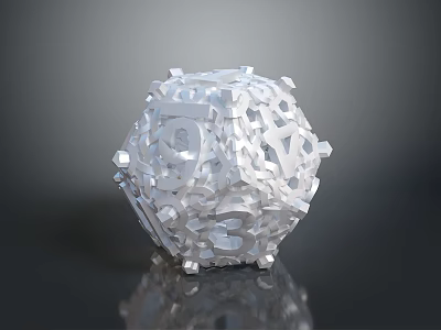 White 3D Sphere Made of Numbers and Letters with Hollow Reflective Design on Black Background 3d model