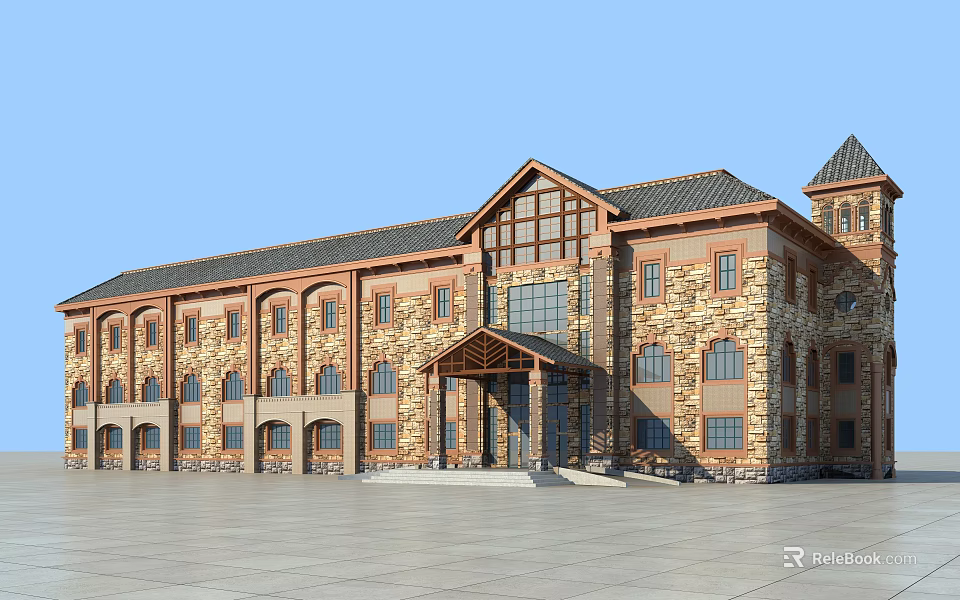 Traditional Office Building Exterior With Stone Walls Arched Windows Tower And Wooden Entrance 3d model 