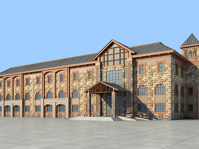 Traditional Office Building Exterior With Stone Walls Arched Windows Tower And Wooden Entrance 3d model