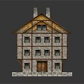 Traditional Timber Framed House With Sloped Tiled Roof Chimneys Multiple Windows And Stone Base