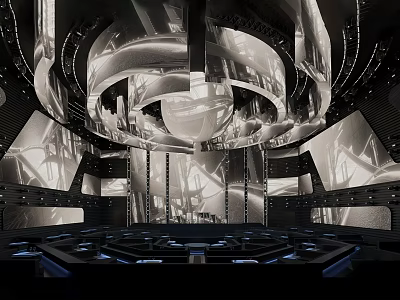 Futuristic Modern Bar Interior With Metallic Circular Design And Lighting Effects 3d model