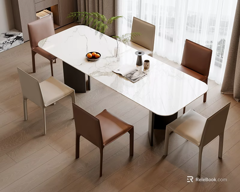 Modern Elegant White Marble Dining Table Set With Six Brown Beige Chairs 3d model