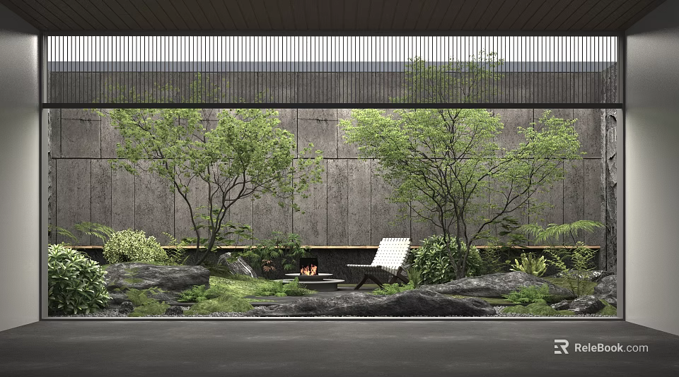 Outdoor Relaxation Space With Stone Wall Trees Rocks Fire Pit And Lounge Chair 3d model 
