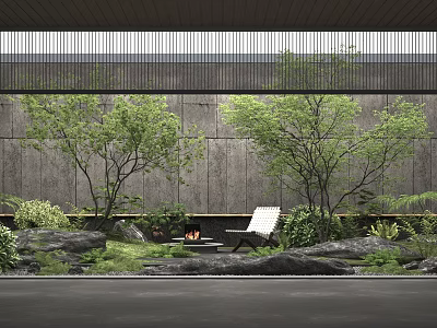 Outdoor Relaxation Space With Stone Wall Trees Rocks Fire Pit And Lounge Chair 3d model