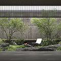 Outdoor Relaxation Space With Stone Wall Trees Rocks Fire Pit And Lounge Chair