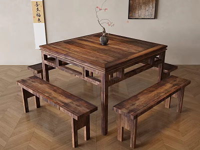 Traditional Solid Wood Dining Table With Benches Vase Decoration And Chinese Calligraphy Art 3d model