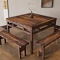 Traditional Solid Wood Dining Table With Benches Vase Decoration And Chinese Calligraphy Art