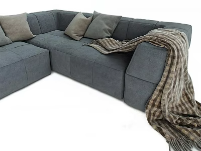Gray Sectional Sofa with Soft Cushions and Plaid Blanket in Modern Living Room 3d model