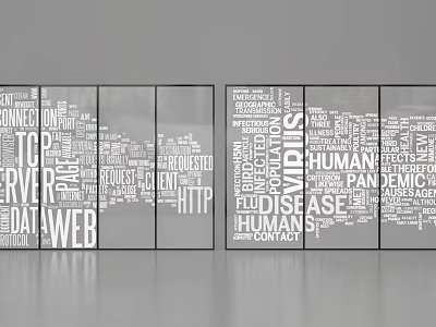 Network Related Word Cloud Featuring Data Server HTTP TCP And Human Disease Terms 3d model