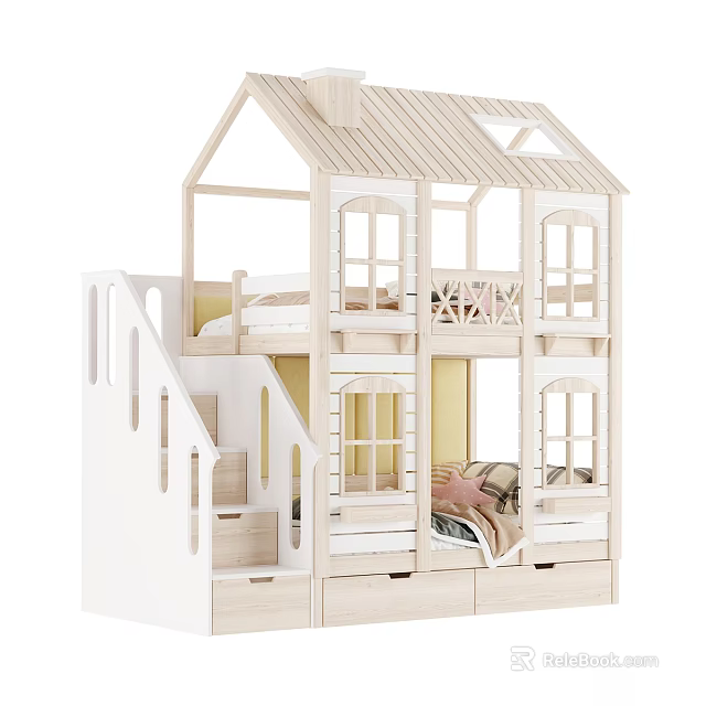 Wooden House Shaped Bunk Bed With Stairs Windows And Storage Drawers For Kids Room 3d model 