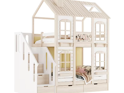 Wooden House Shaped Bunk Bed With Stairs Windows And Storage Drawers For Kids Room 3d model