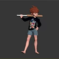 Red Haired Girl Holding Baseball Bat Standing With Adorable Small Dog Companion
