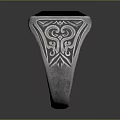 Silver Ring with Square Black Gemstone and Intricate Carved Patterns on Band