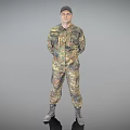 Military Man in Camouflage Uniform Wearing Cap with Hands Behind Back Against Grey Background