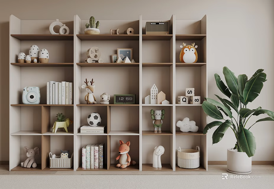 Cozy Wooden Bookshelf Displaying Stuffed Animals Books Potted Plants And Decorative Items 3d model 