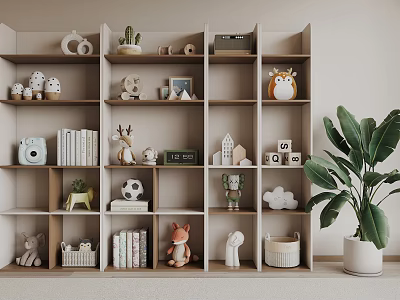 Cozy Wooden Bookshelf Displaying Stuffed Animals Books Potted Plants And Decorative Items 3d model
