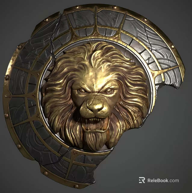 Decorative Shield Featuring Golden Lion Head Relief Metal Accents And Broken Design 3d model 