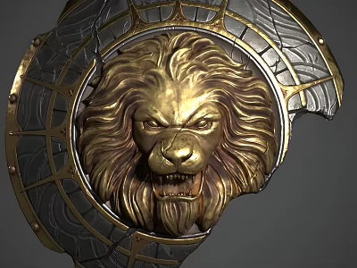Decorative Shield Featuring Golden Lion Head Relief Metal Accents And Broken Design 3d model