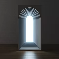 Arched Decorative Light With Multilayered Concentric Circles Bright White Light Dark Wall Wooden Floor