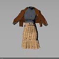 Fashionable Outfit Featuring Brown Leather Jacket Blue Turtleneck And Plaid Pleated Skirt With Black Buttons