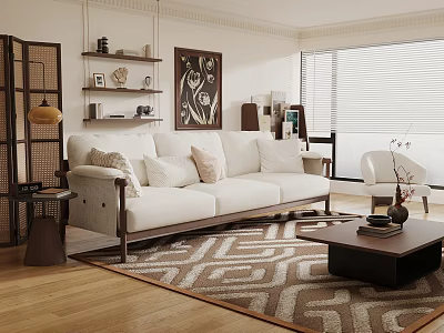 Modern Living Room Interior With White Sofa Geometric Rug And Wooden Accents 3d model
