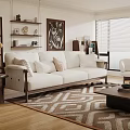 Modern Living Room Interior With White Sofa Geometric Rug And Wooden Accents