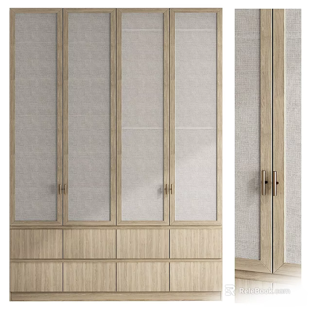 Modern Natural Wood Wardrobe With Woven Panel Doors And Brass Handle Drawers 3d model 