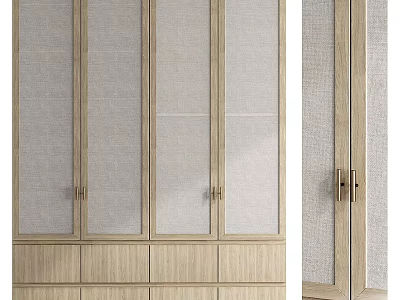 Modern Natural Wood Wardrobe With Woven Panel Doors And Brass Handle Drawers 3d model