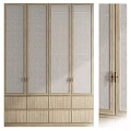 Modern Natural Wood Wardrobe With Woven Panel Doors And Brass Handle Drawers