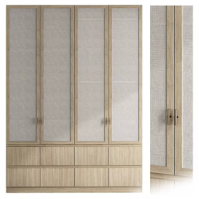 Modern Natural Wood Wardrobe With Woven Panel Doors And Brass Handle Drawers 3d model