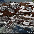 Winter Scenery Of Snow Covered Traditional Wooden Houses Village With Small Bridge River And Trees