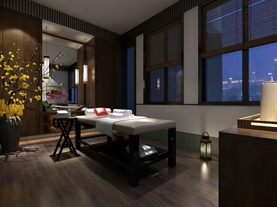 Serene SPA Sauna Room Interior With Wooden Walls Massage Table Night View And Warm Lighting 3d model