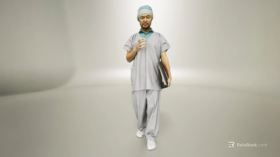 Man In Gray Work Attire With Blue Cap Holding Folder Standing On Gray Background 3d model 