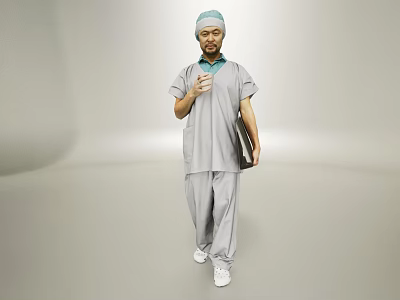 Man In Gray Work Attire With Blue Cap Holding Folder Standing On Gray Background 3d model